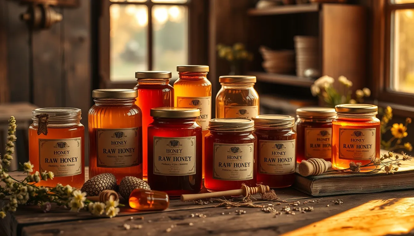 Artisanal raw honey jars in different amber shades arranged on a rustic wooden table with wildflowers and honeycomb