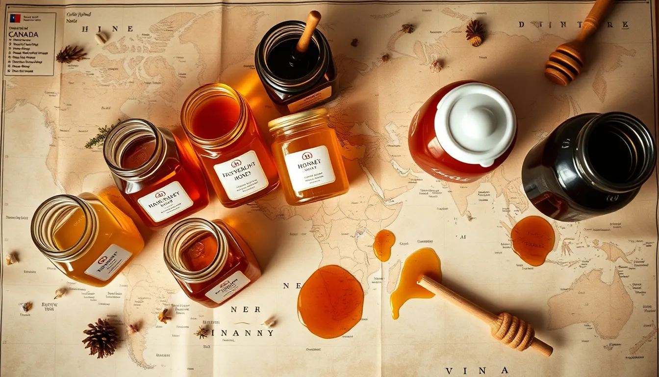 Golden and amber honey jars from different world regions arranged on dark wood, representing global honey diversity