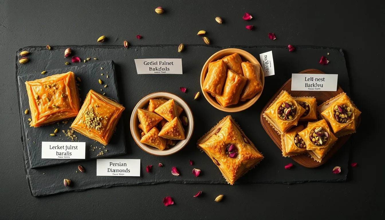Four distinct regional baklava variations: classic Turkish pistachio, Greek walnut with cinnamon, Lebanese rose water, and Persian cardamom diamonds