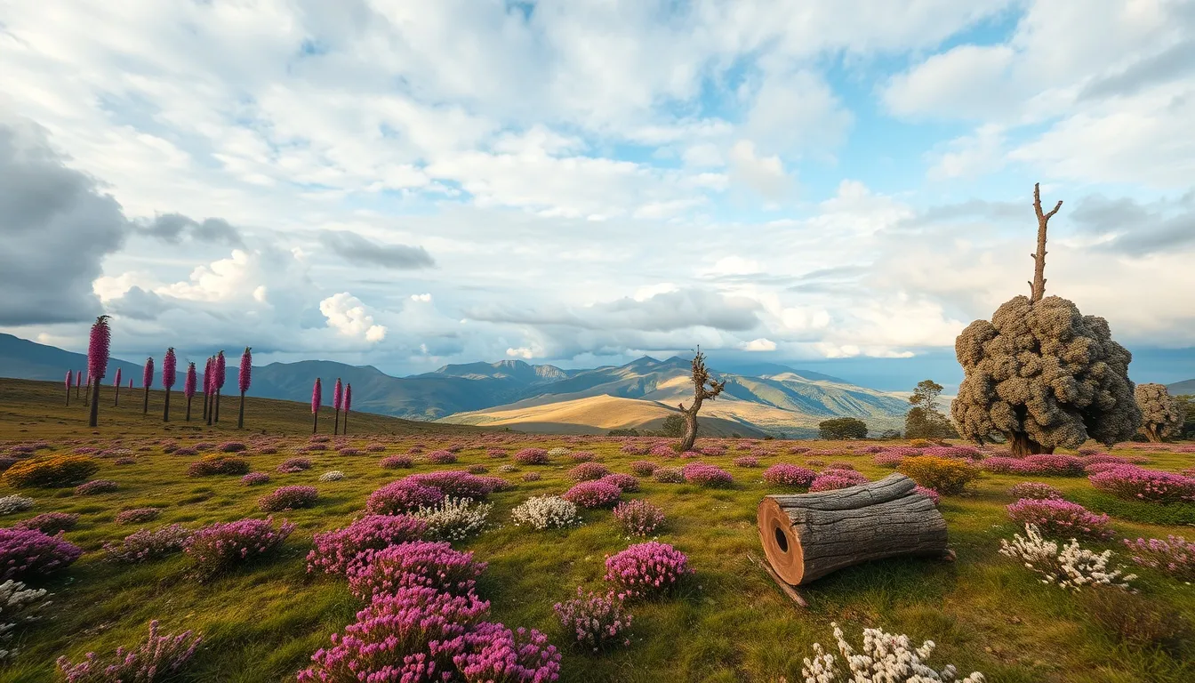 Bale Mountains, Erica heather in bloom, mist over highland forest, wildflower meadows, log hive at forest edge, golden light