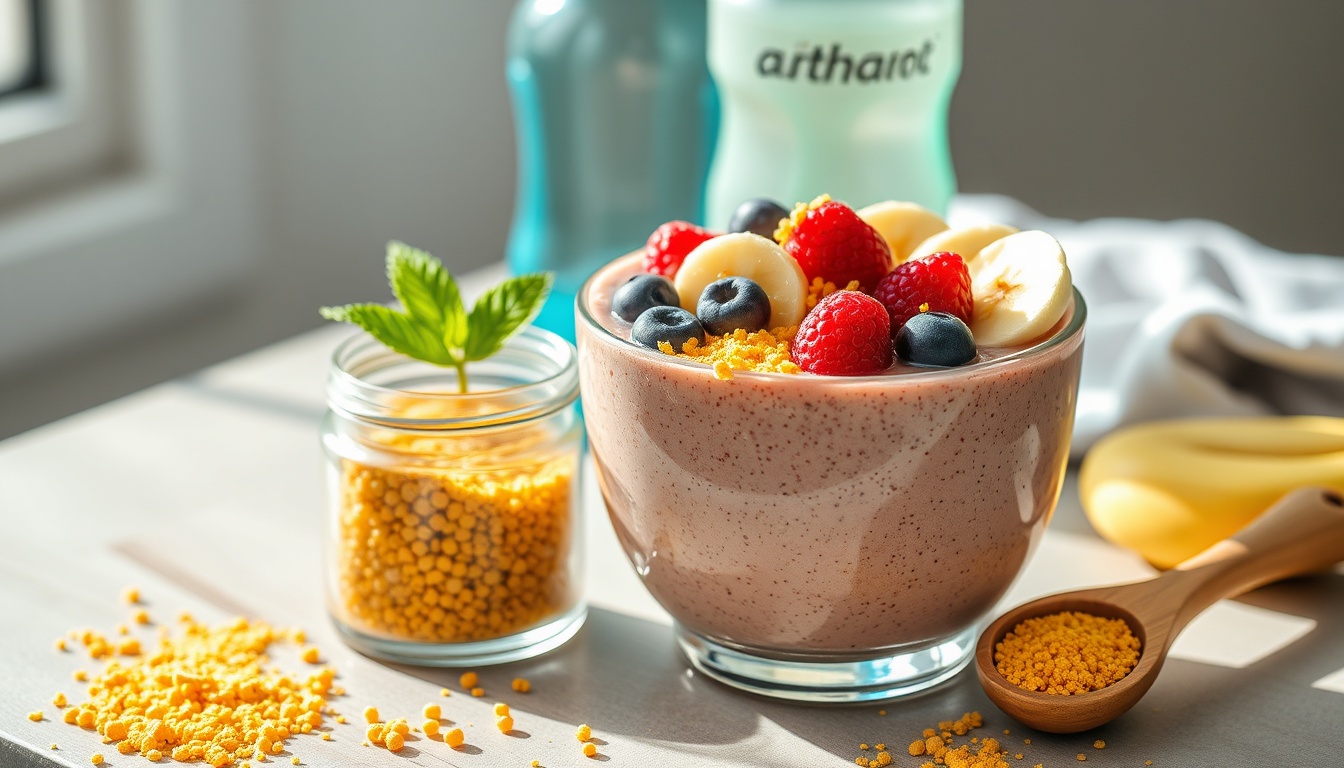 Vibrant smoothie bowl topped with colorful bee pollen granules, berries, banana, and honey drizzle for athletic recovery