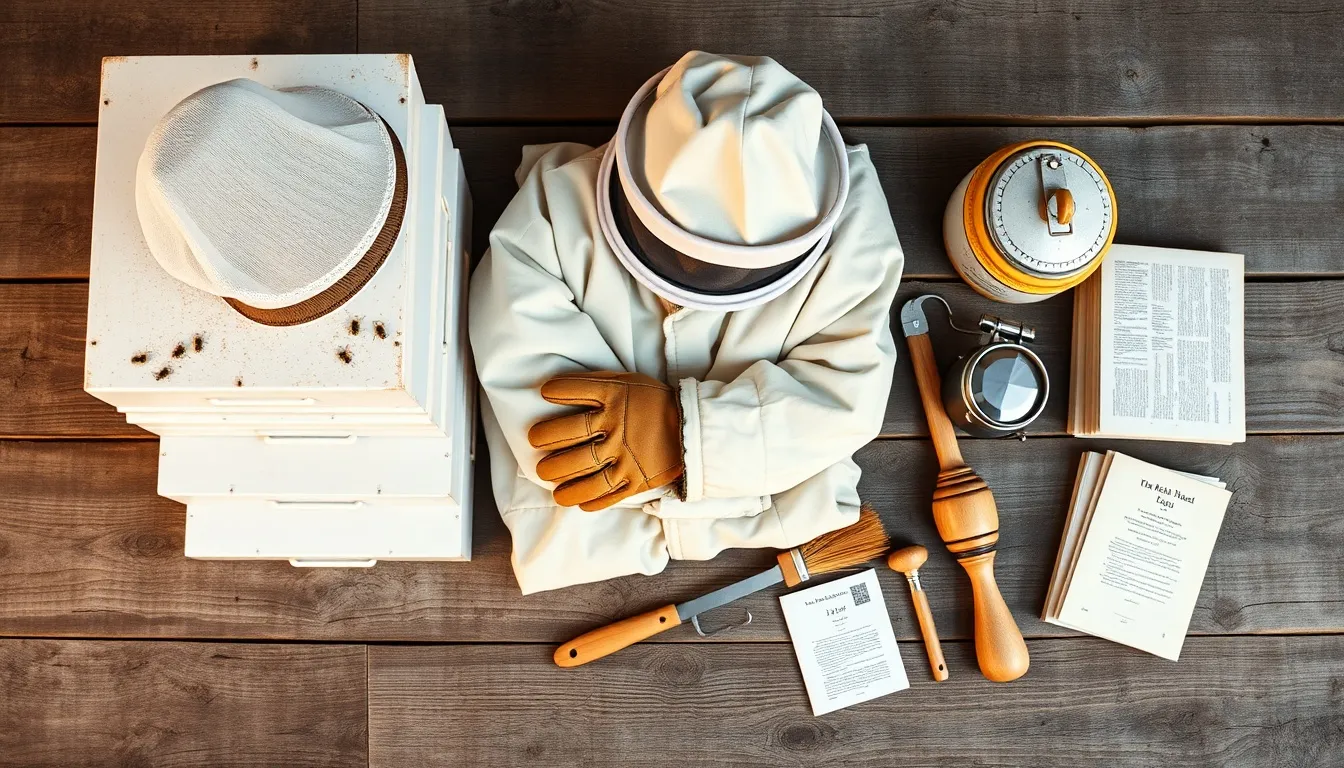 Complete beginner beekeeping equipment set including Langstroth hive boxes, protective suit, smoker, and hive tools