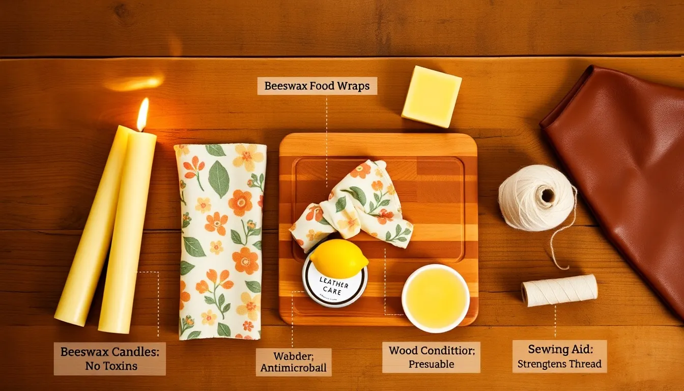 Beeswax household products arranged on rustic wood: taper candles, food wraps, wood conditioner, leather care balm, and sewing thread
