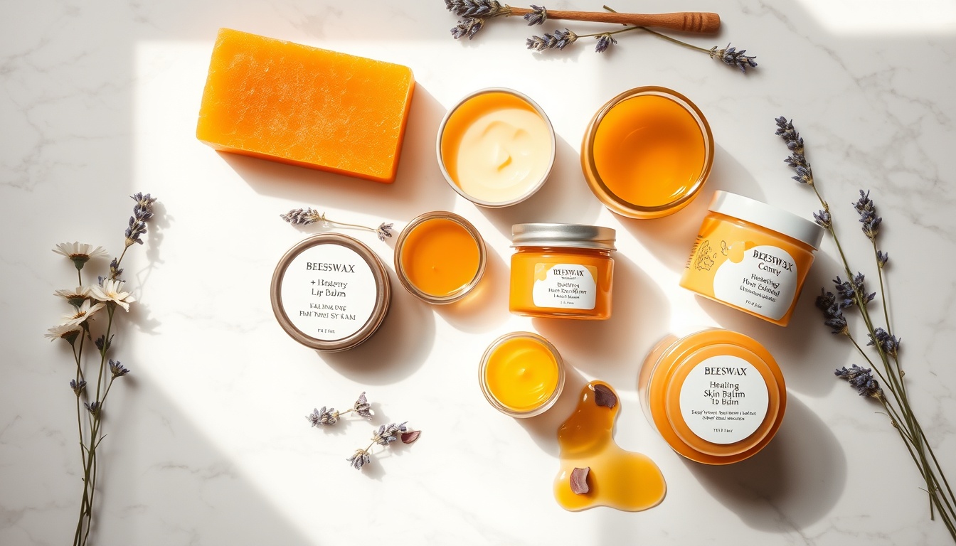 Natural beeswax skincare products flat lay: lip balm, body butter, healing salve, and candle with dried botanicals on white marble
