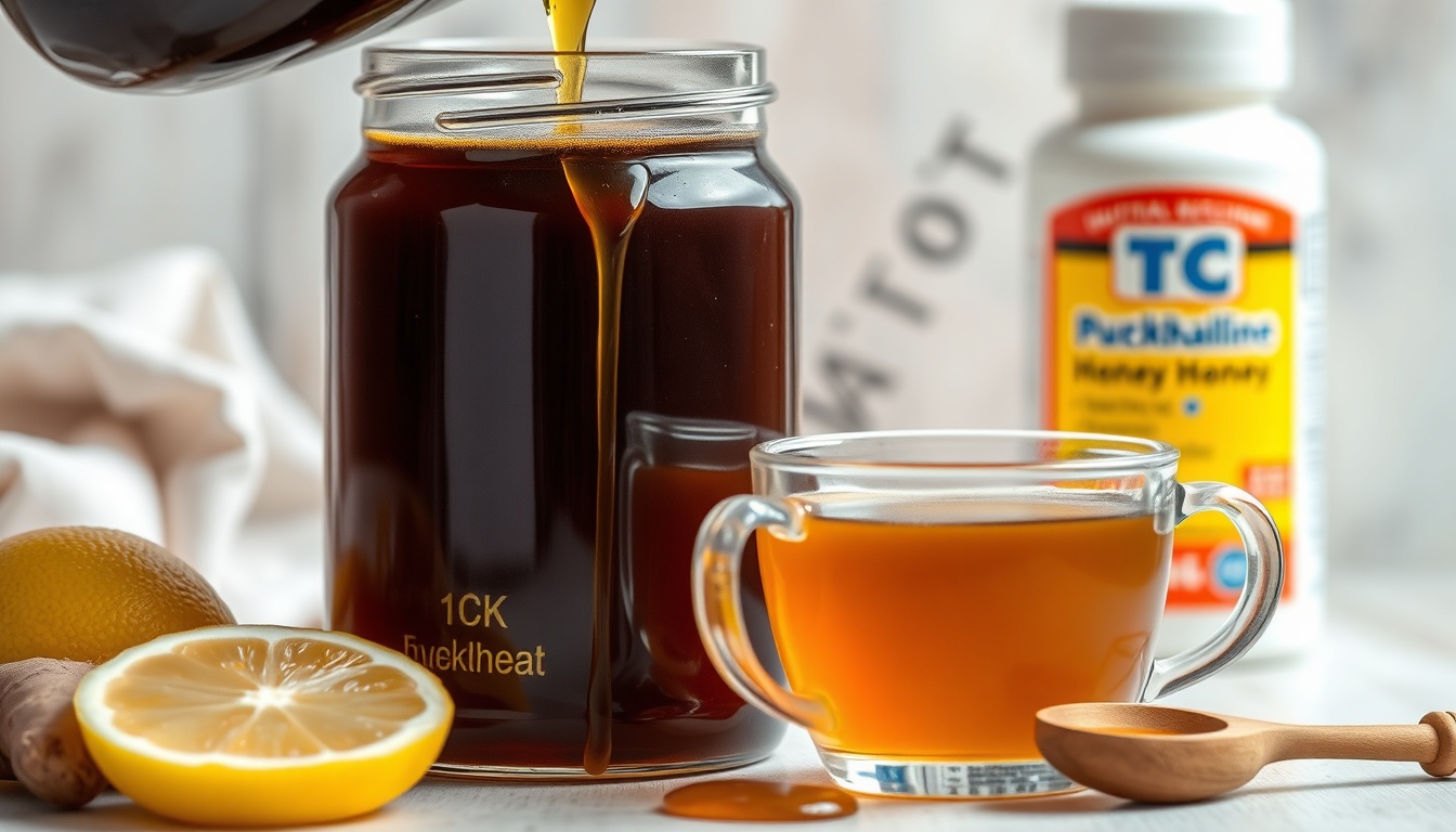 Dark buckwheat honey being poured showing deep molasses color, with honey-lemon tea, lemon, and ginger as natural cough remedy