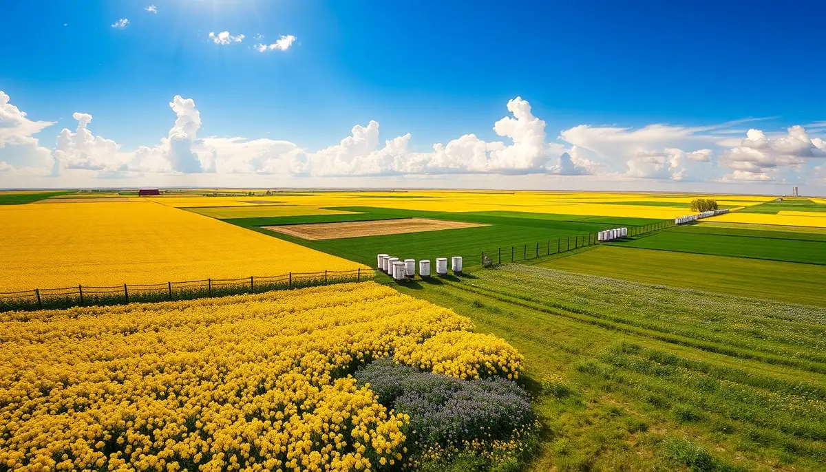 Golden Alberta Prairie canola and clover fields under a bright summer sky, with wooden beehives along a farm fence.