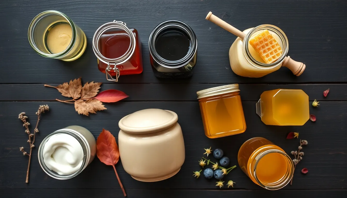Six Canadian honey varieties in glass jars on dark wood, styled with dried fireweed stalks and basswood leaves.