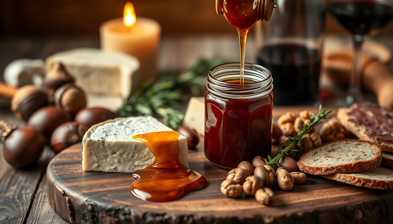 Chestnut honey culinary pairings on a rustic board — dark amber honey drizzled over aged Pecorino cheese, whole chestnuts, Barolo wine, cured meats, walnuts, and artisan bread in Italian autumn style