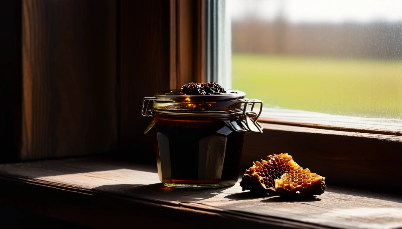 Unlabeled jar of very dark amber chestnut honey with honeycomb and whole chestnuts on walnut wood