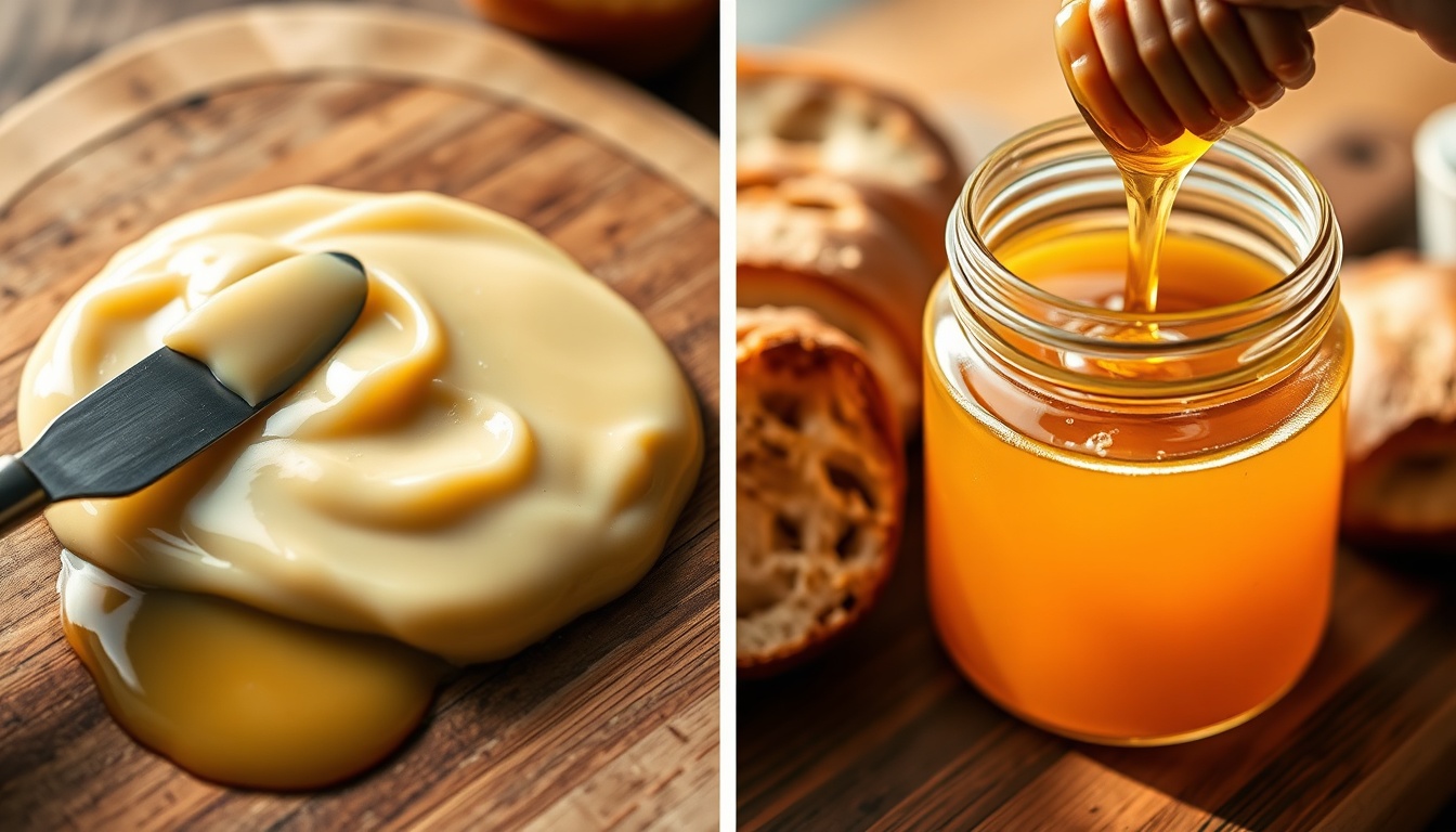 Split view showing creamed honey being spread like butter versus liquid raw honey being poured from jar — comparing texture and clarity