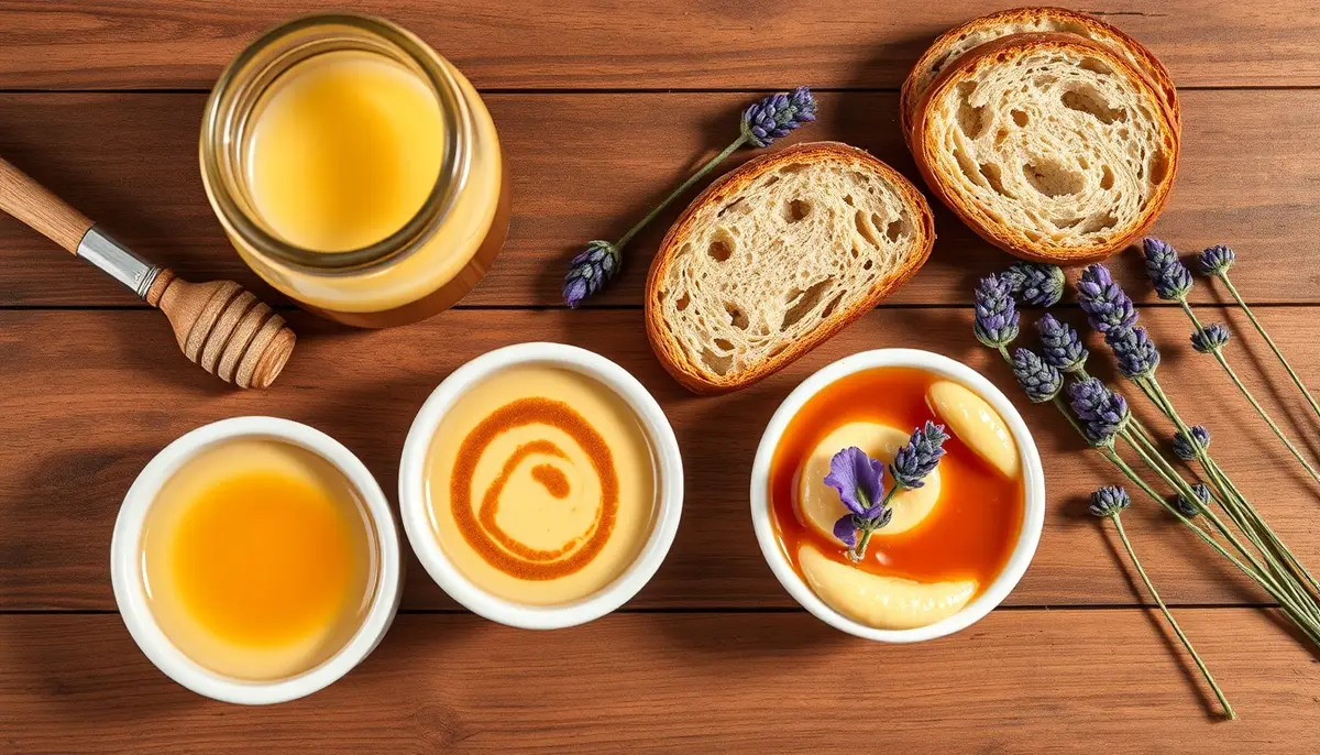 Three flavored creamed honey varieties in ceramic ramekins — classic, cinnamon, and lavender — beside liquid honey and artisan bread