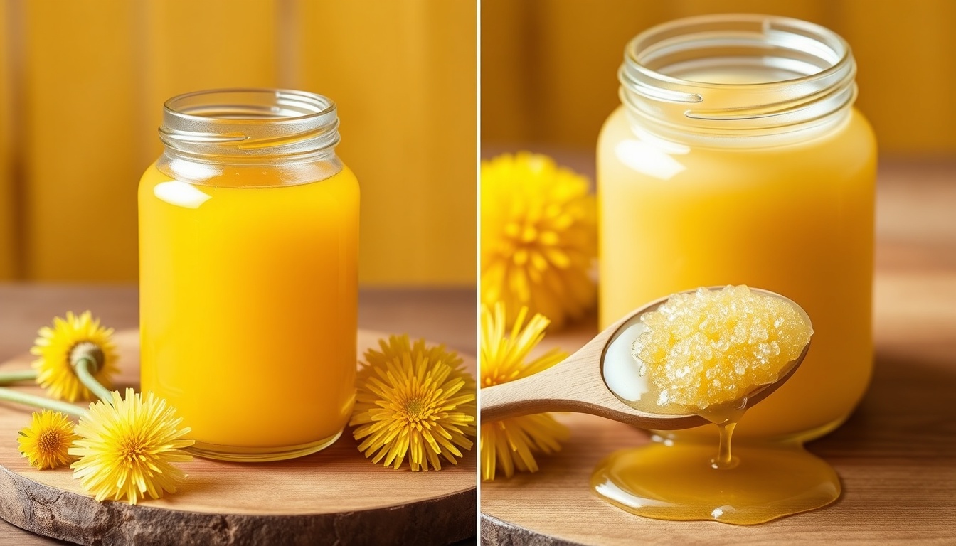 Dandelion honey side-by-side: liquid yellow-gold vs crystallized cream-yellow spreadable on wood board with dandelion blooms