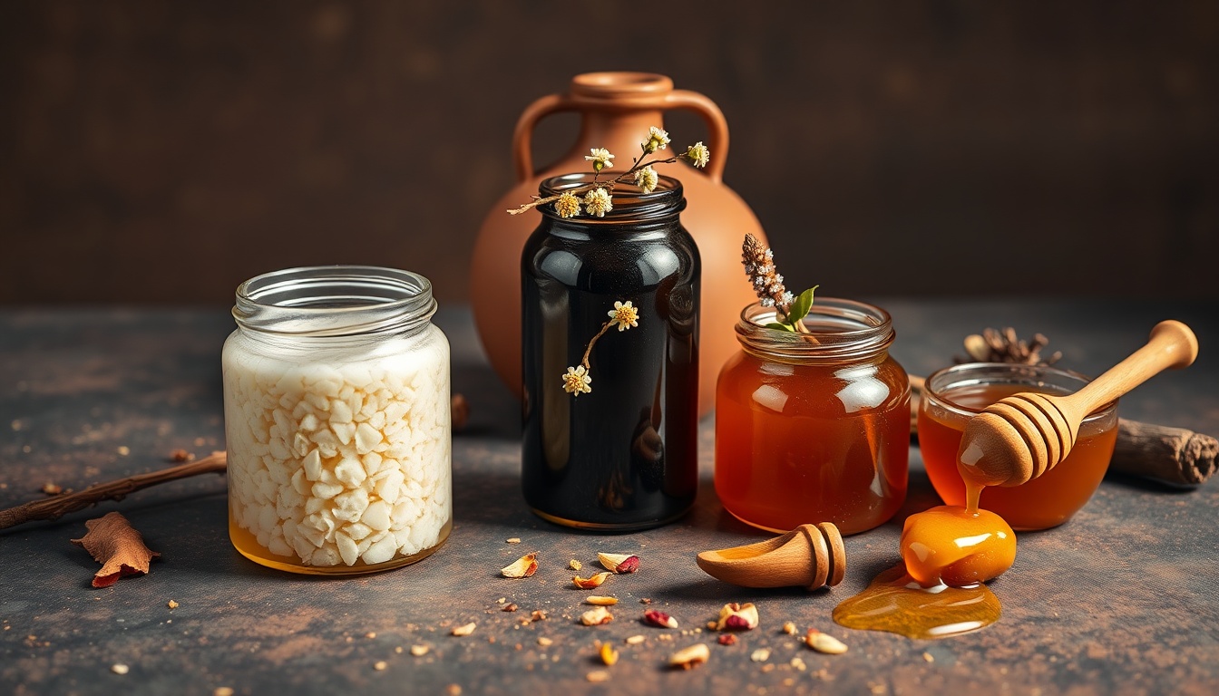 Honey flat lay on dark wood — pale highland, amber coffee forest, Afar types, coffee branches, Erica sprigs, birille flask