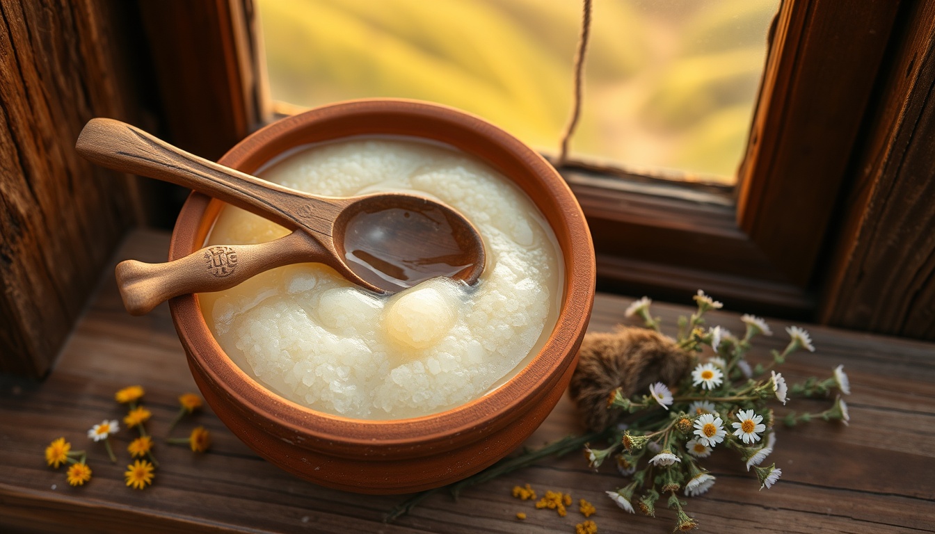 Ethiopian white honey in clay pot on dark wood, creamy crystallized honey, carved wooden spoon, dried wildflowers, warm light