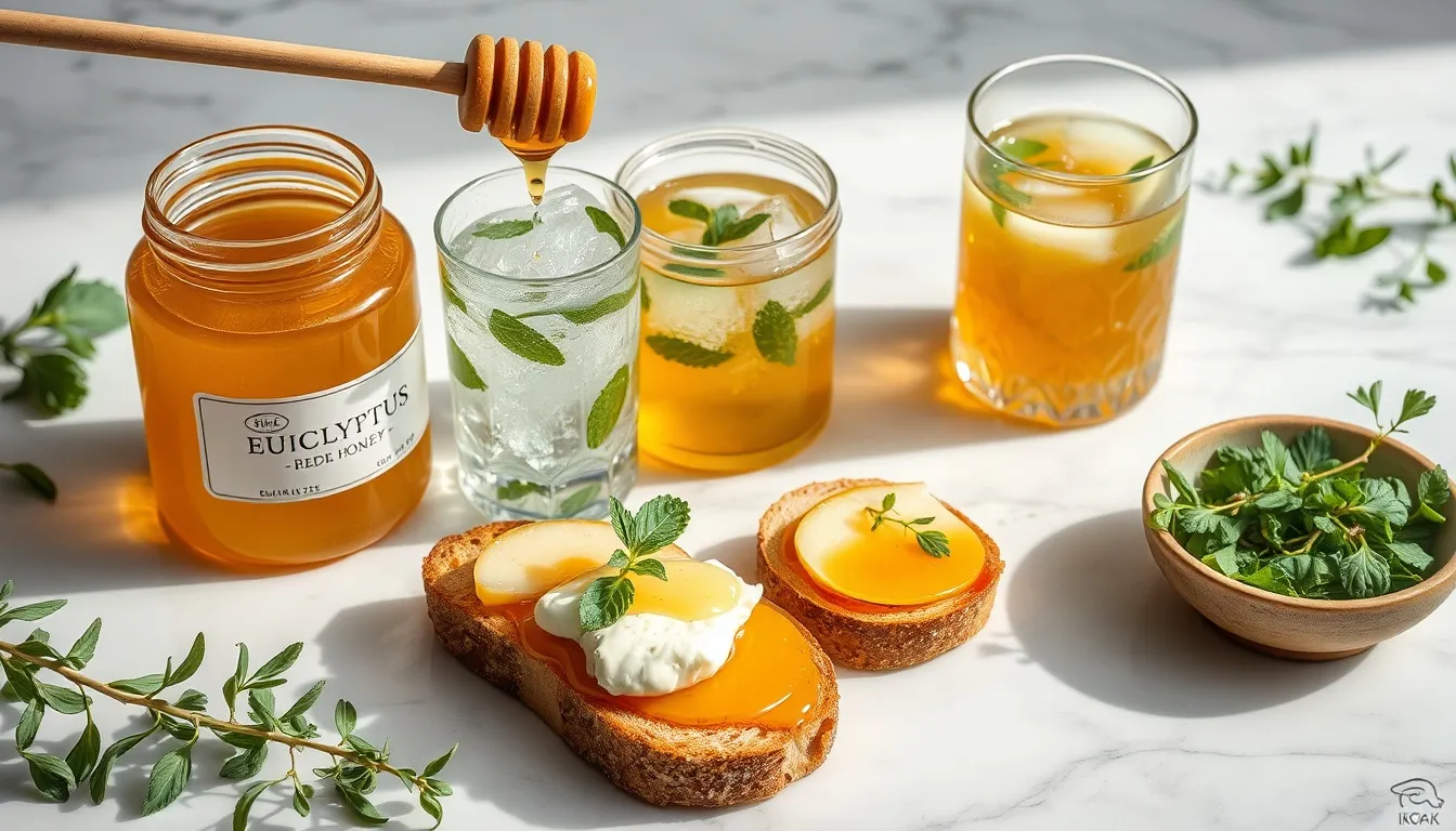 Eucalyptus honey culinary uses — honey drizzle arc over ricotta bruschetta, iced eucalyptus honey lemonade with mint, and honey vinaigrette over arugula salad with fresh eucalyptus sprigs