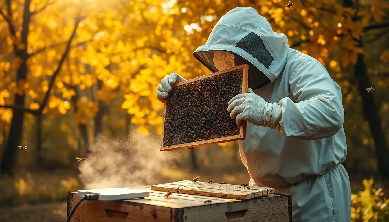 Beekeeper performing varroa mite treatment on a beehive in early autumn with oxalic acid vaporizer
