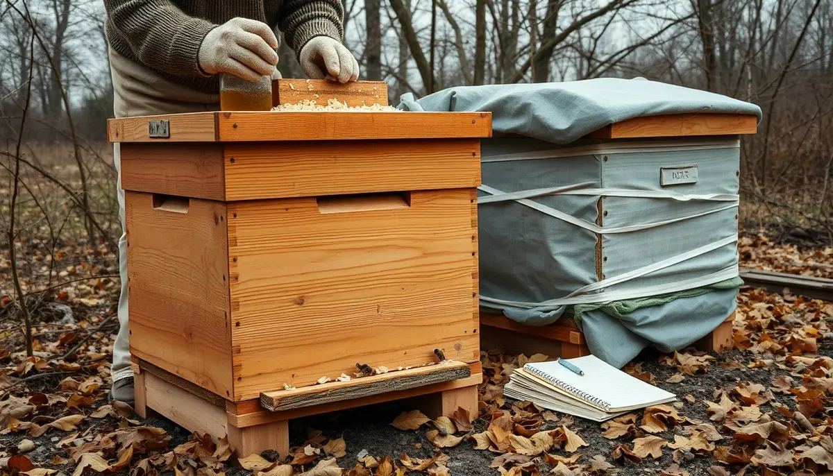 Langstroth hive being prepared for winter with sugar syrup feeder, moisture quilt, entrance reducer, and mouse guard
