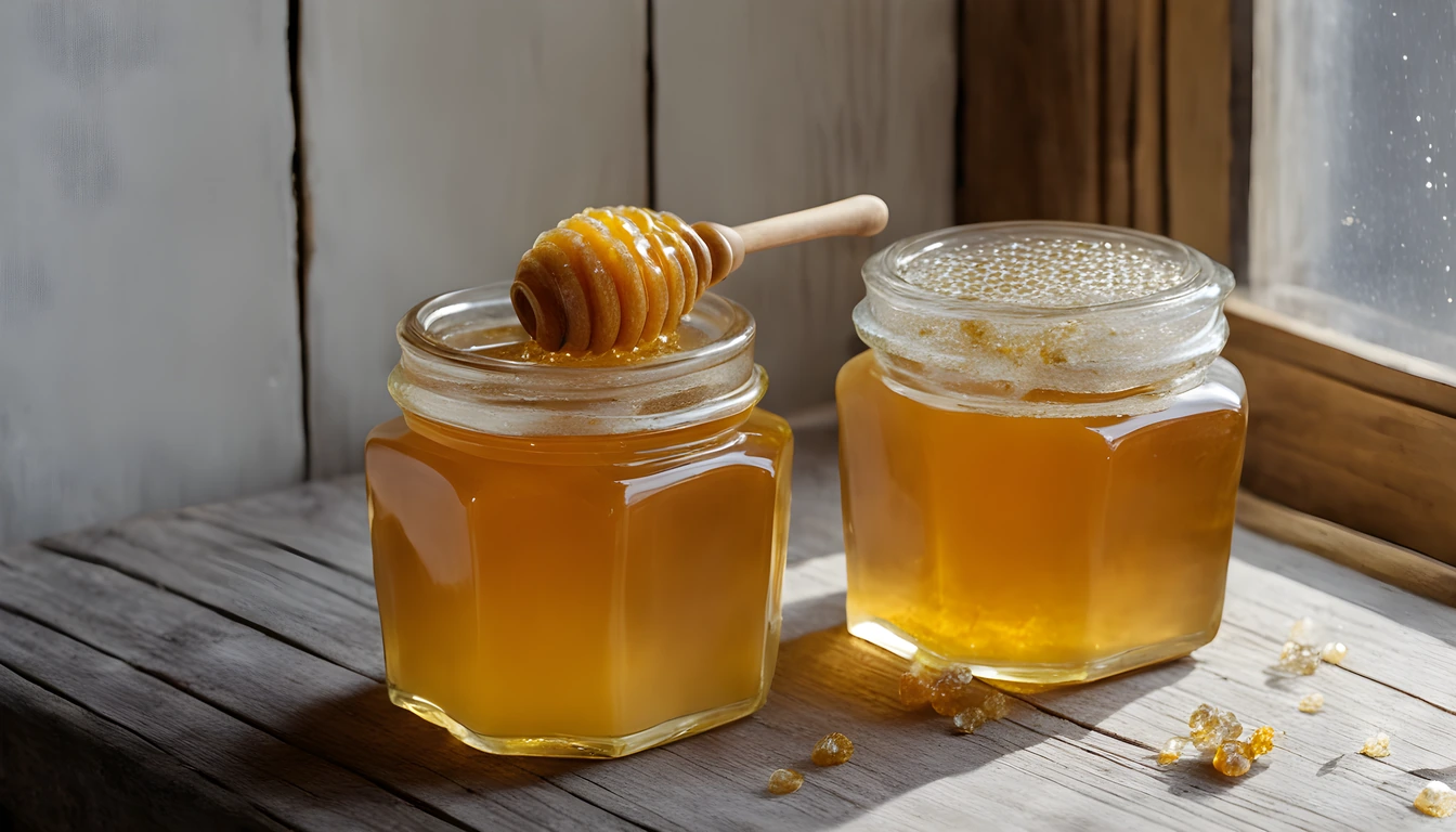 Two jars of golden honey on a wooden windowsill, a dipper on one, sugar crystals forming at the top of the other
