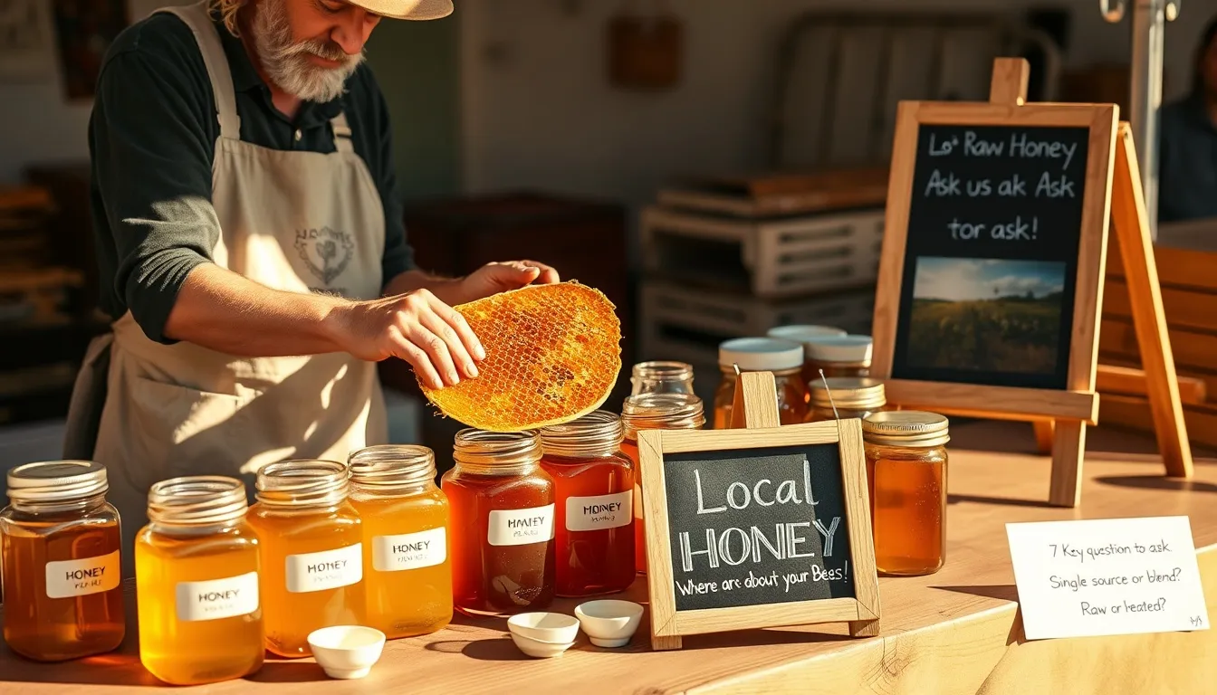 Local beekeeper at a farmers market honey stand showing a honeycomb frame to a customer, with mason jars of honey in various amber shades on a rustic wooden display table