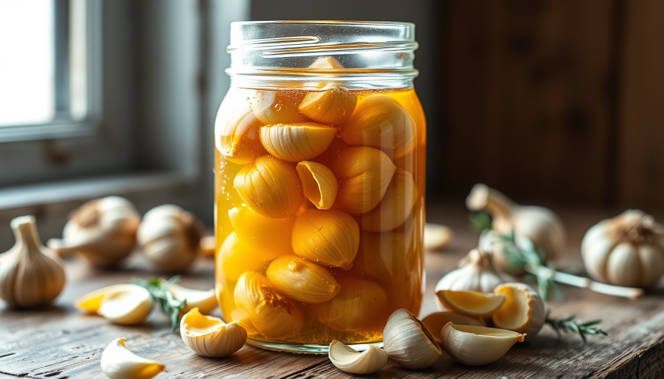 Mason jar filled with garlic cloves fermenting in golden honey showing tiny bubbles throughout, on rustic wooden surface — fermented honey garlic for gut health