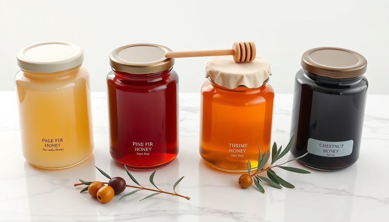 Four Greek honey jars on white marble — pale fir, dark pine, golden thyme, near-black chestnut, olive branch garnish