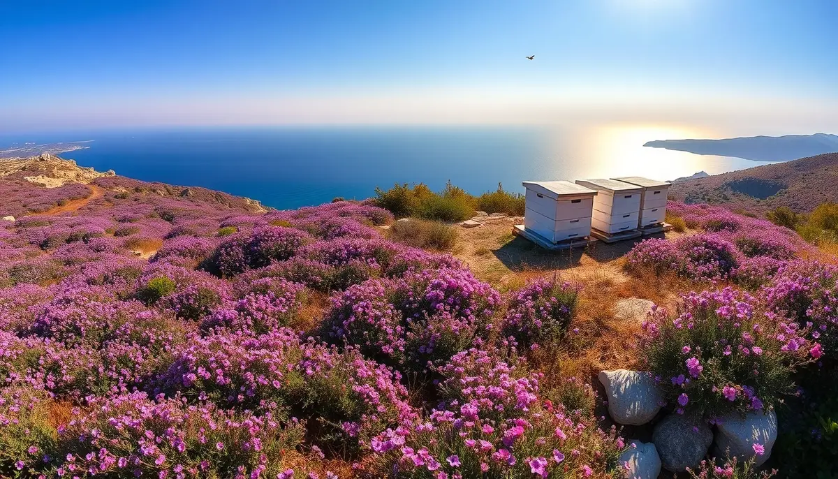 Sunlit Greek hillside with blooming wild thyme, white wooden beehives set against the Aegean blue sky