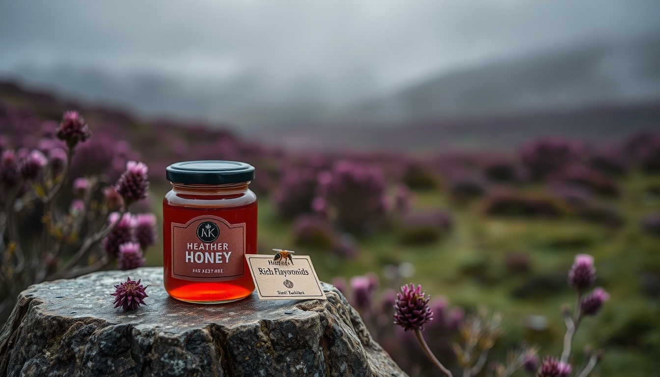 Scottish heather honey exceptional antioxidant content — rich reddish-amber honey jar on Highland moorland stone surrounded by purple heather blooms with honeybee, morning mist over rolling hills