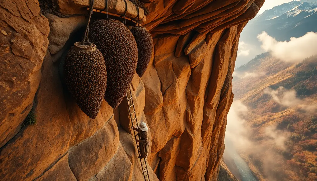 Honey hunter on rope ladder harvesting wild comb from a vertical Himalayan cliff face, misty gorge below.