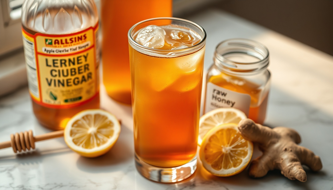 Golden honey apple cider vinegar morning tonic drink with ACV bottle, raw honey jar, fresh lemon, and ginger on marble in morning light