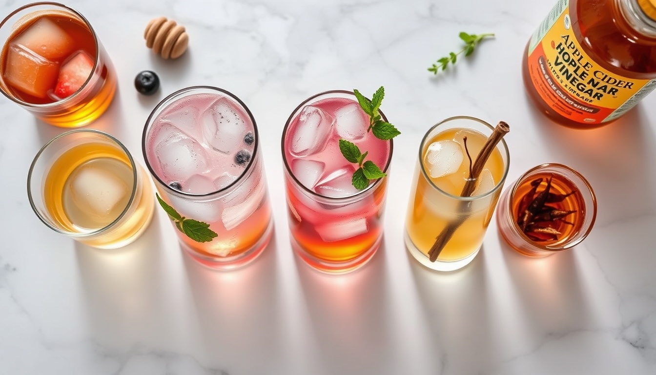 Five honey apple cider vinegar recipe variations including classic morning tonic, immune booster, iced refresher, salad dressing, and fire cider shot