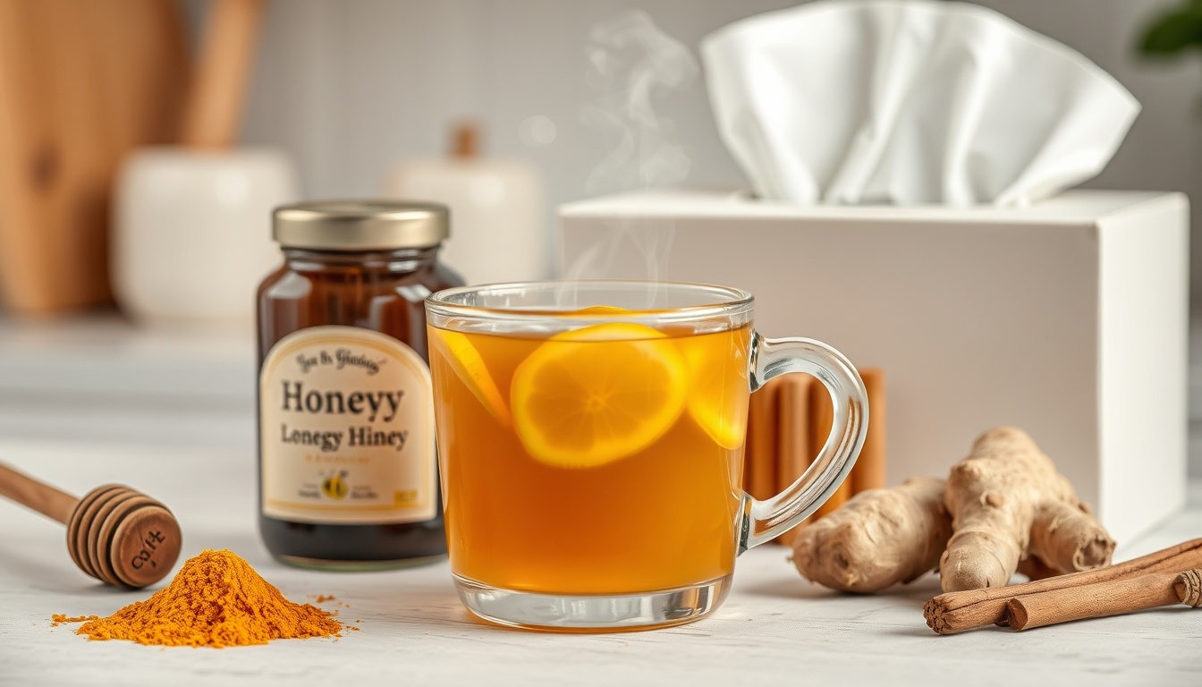 Steaming honey lemon tea with dark buckwheat honey and raw honeycomb beside turmeric, ginger, and cinnamon on a warm surface