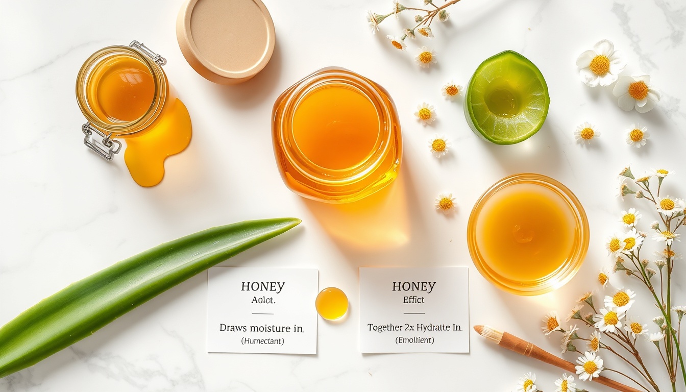 Honey and aloe vera skincare: raw honey jar, fresh aloe leaf gel, honey-aloe face mask, brush on white marble