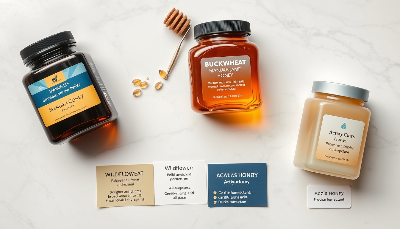 Four honey jars on white marble: Manuka UMF 15+, buckwheat, wildflower, and acacia