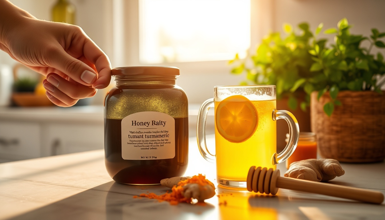 Morning wellness ritual: warm golden honey-turmeric water with lemon in a glass mug, fresh ginger being grated, dark buckwheat honey jar open with wooden dipper, morning sunlight in kitchen