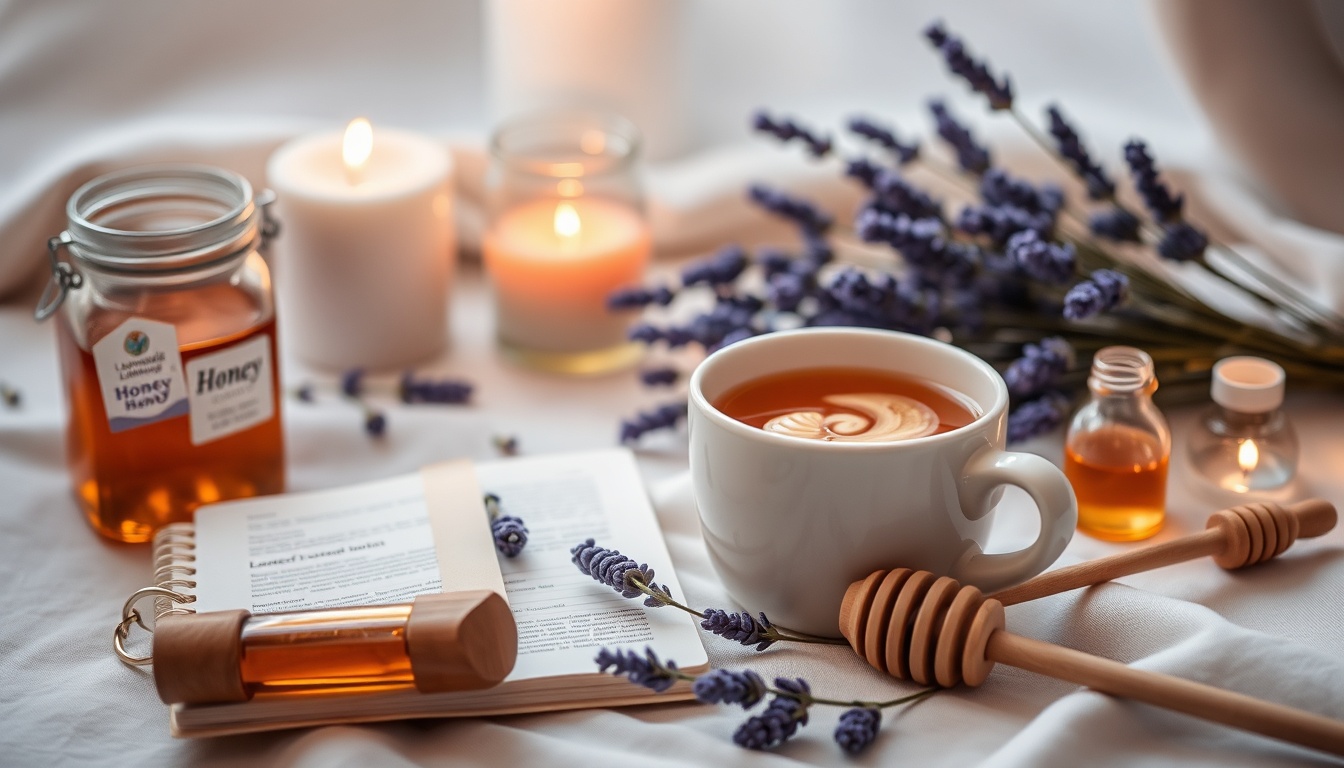 Steaming chamomile lavender honey tea beside a lavender honey jar, dried lavender sprigs, meditation journal, and candlelight
