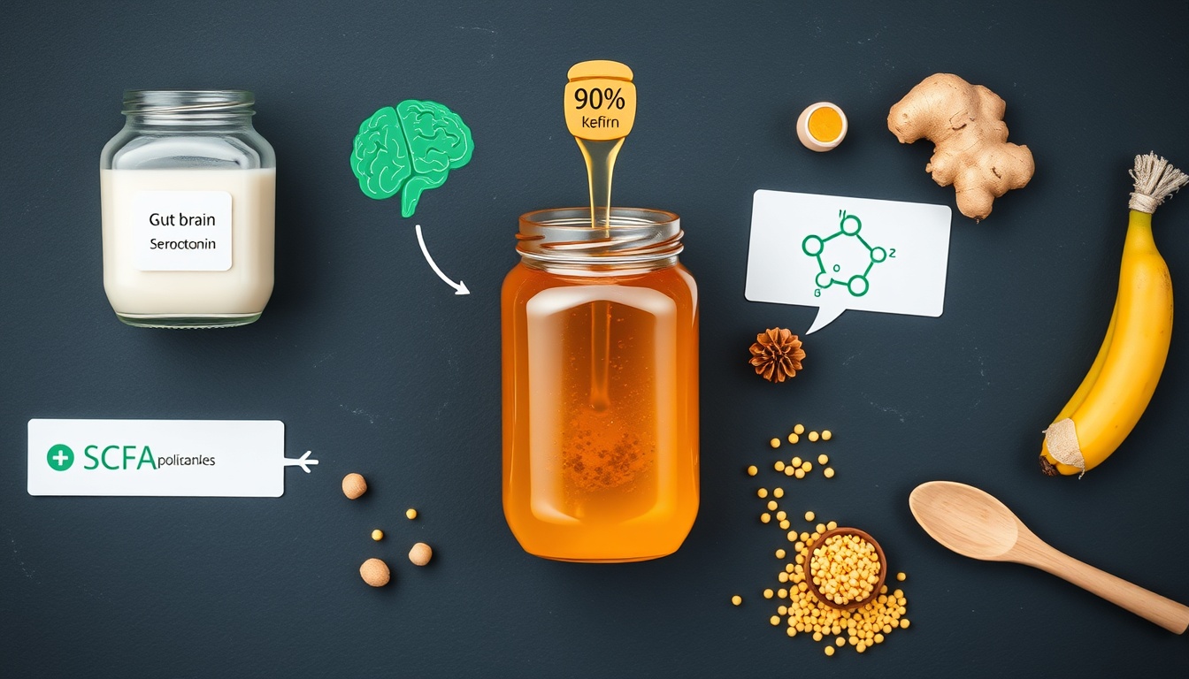Raw honey jar with kefir, ginger root, and prebiotic foods on wooden surface, illustrating gut-brain axis
