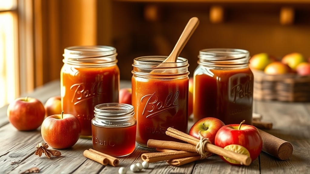 Three glass mason jars of rich mahogany-colored honey apple butter on a wooden farmhouse table with autumn apples, a jar of wildflower honey, and cinnamon sticks
