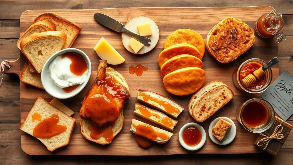 Large rustic wooden board showing ten ways to use honey apple butter: toast, yogurt bowl, cheese board, glazed pork, pancakes, sandwich spread, cake filling, BBQ sauce, cocktail, and gift jars
