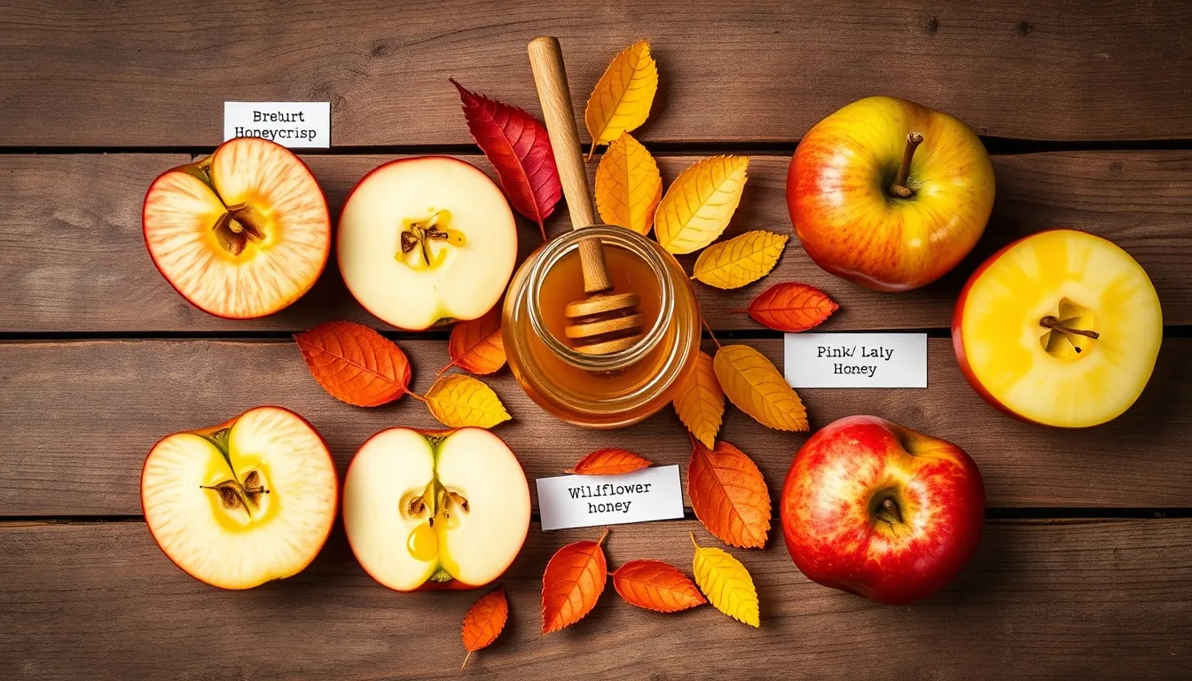 Five apple varieties for honey apple crisp: Honeycrisp, Granny Smith, Braeburn, Pink Lady, and Jonagold on rustic wood with honey