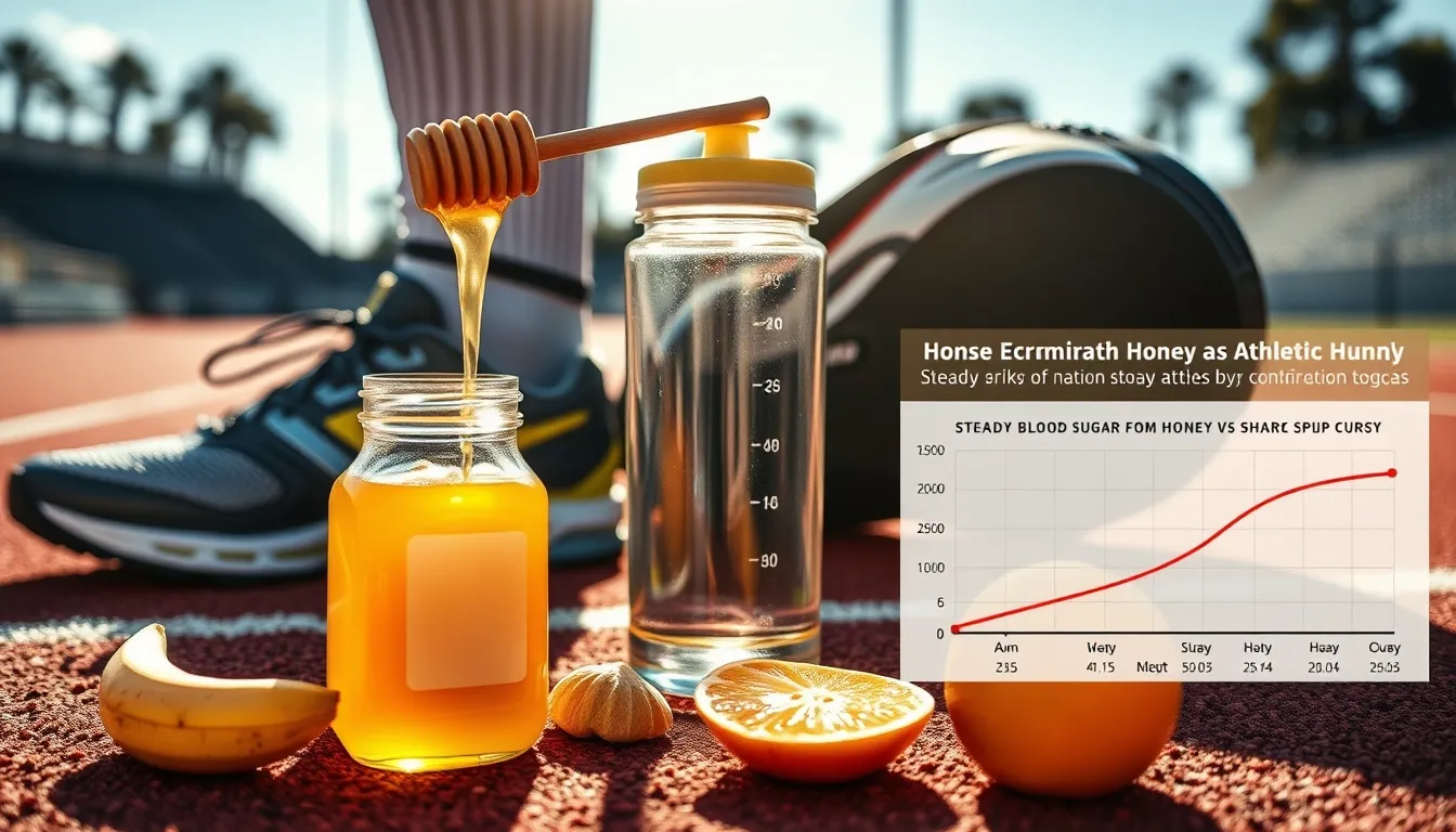 Honey squeeze bottle beside running shoes, water bottle, pre-workout drink — steady blood sugar vs sharp spike