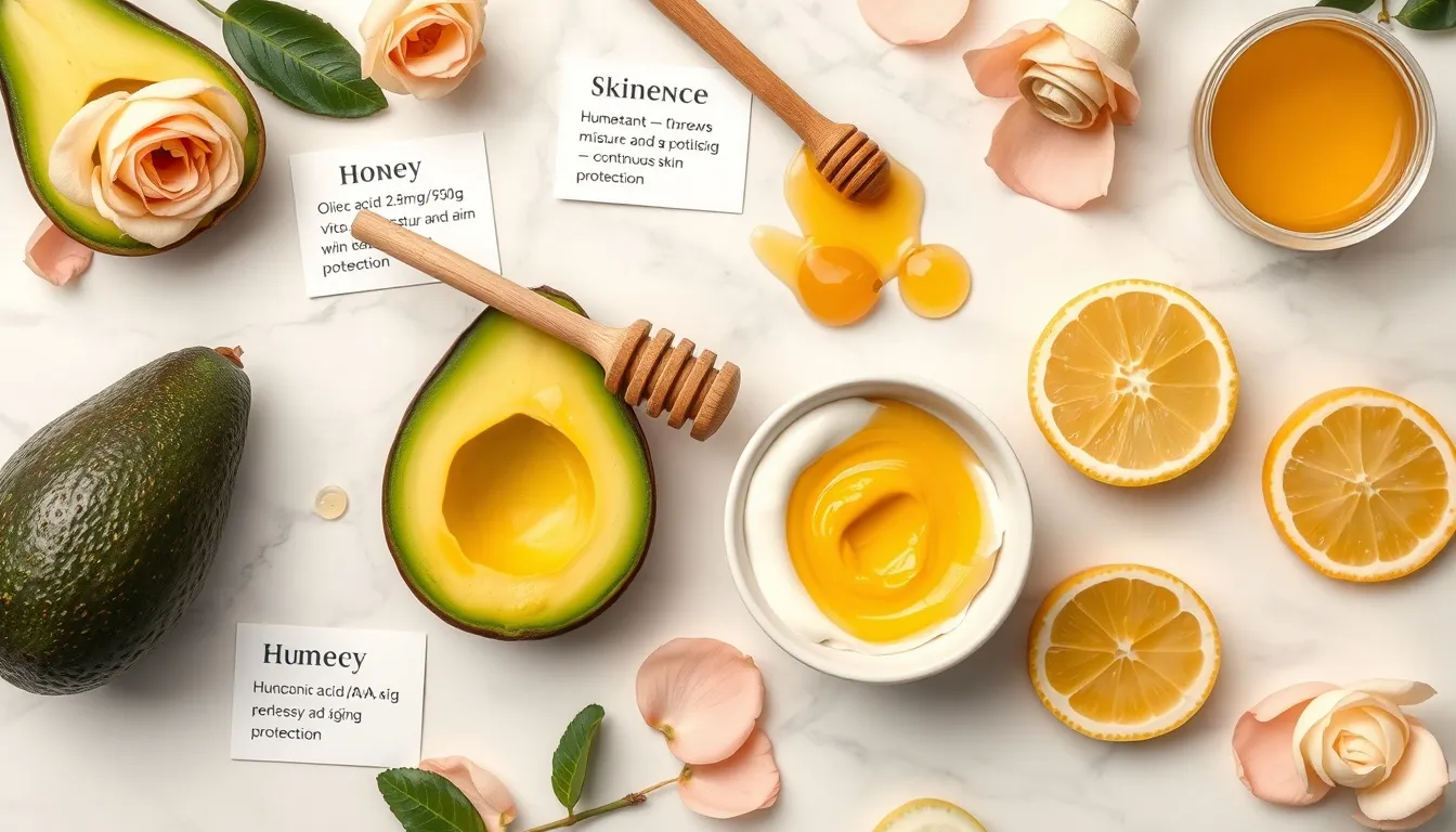 Honey and avocado face mask ingredients — ripe avocado half, raw honey jar, argan oil, rose petals, and mixing bowl on white marble for skin benefits