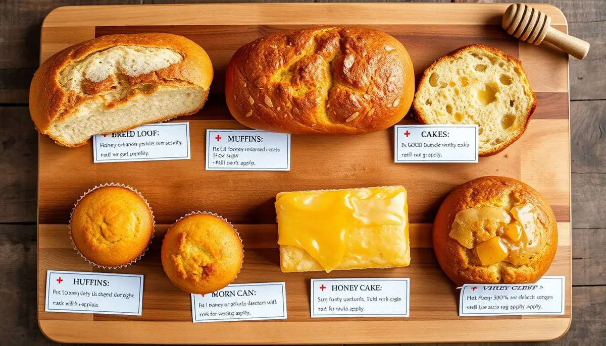 Six baked goods that work best with honey substitution — honey bread, muffins, honey cake, chewy cookies, granola clusters, and a flaky pastry with verdict cards on rustic wooden board