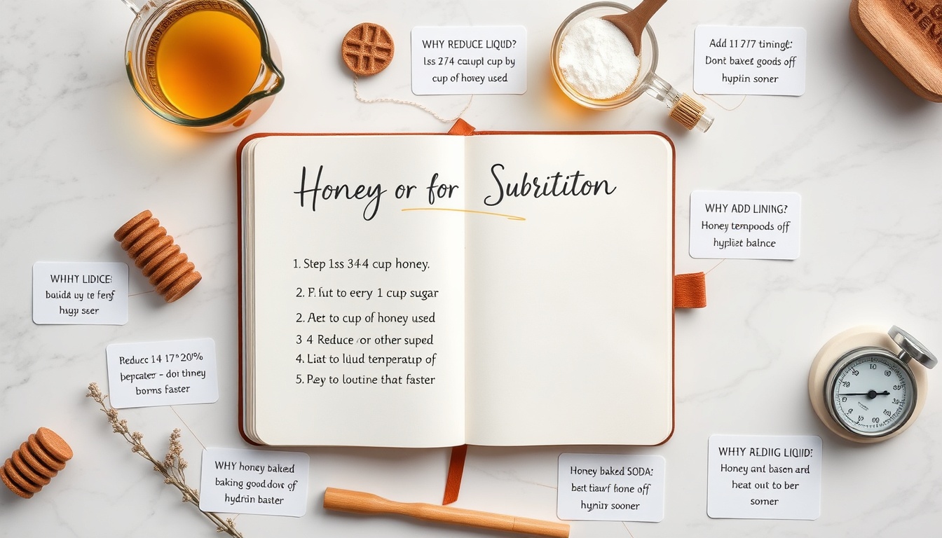 Honey baking substitution formula flat lay — recipe notebook with all four adjustment steps, measuring cup at 3/4 mark, small baking soda dish, oven thermometer at 325°F on white marble