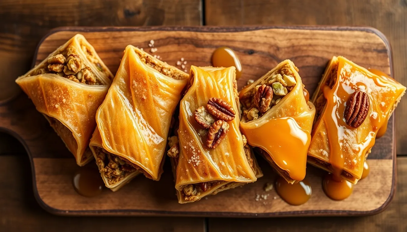 Five honey baklava variations on rustic wooden board — classic walnut, pistachio-cardamom, almond-rose, pecan-cinnamon, and cashew-orange — each showing distinct nut filling through diamond-cut phyllo