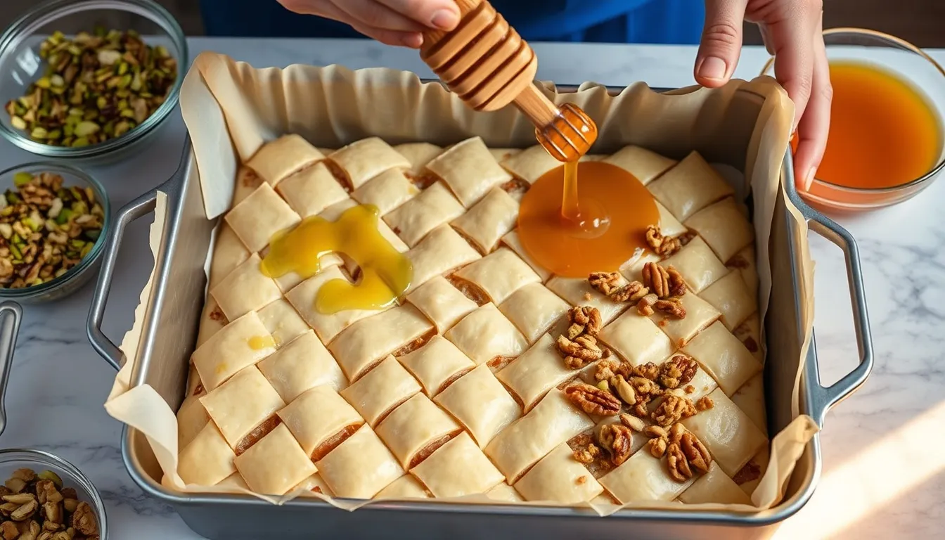Hands assembling honey baklava layers in a rectangular baking pan — phyllo dough being brushed with clarified butter, chopped pistachios and walnuts, and golden honey being poured over diamond-cut pastry