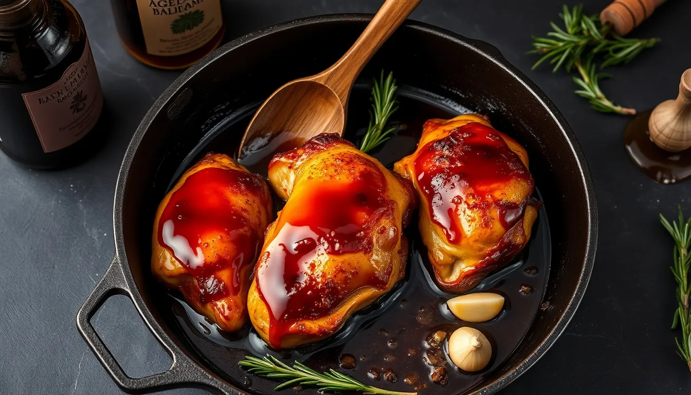 Honey balsamic chicken thighs in cast iron skillet with deep mahogany caramelized glaze, rosemary, and garlic