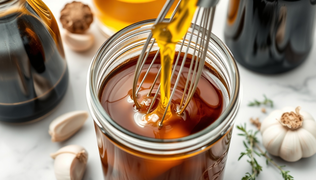 Honey balsamic vinaigrette being whisked in a glass jar — dark balsamic and golden honey swirling with olive oil into a glossy emulsified dressing, garlic cloves and fresh thyme alongside on white marble