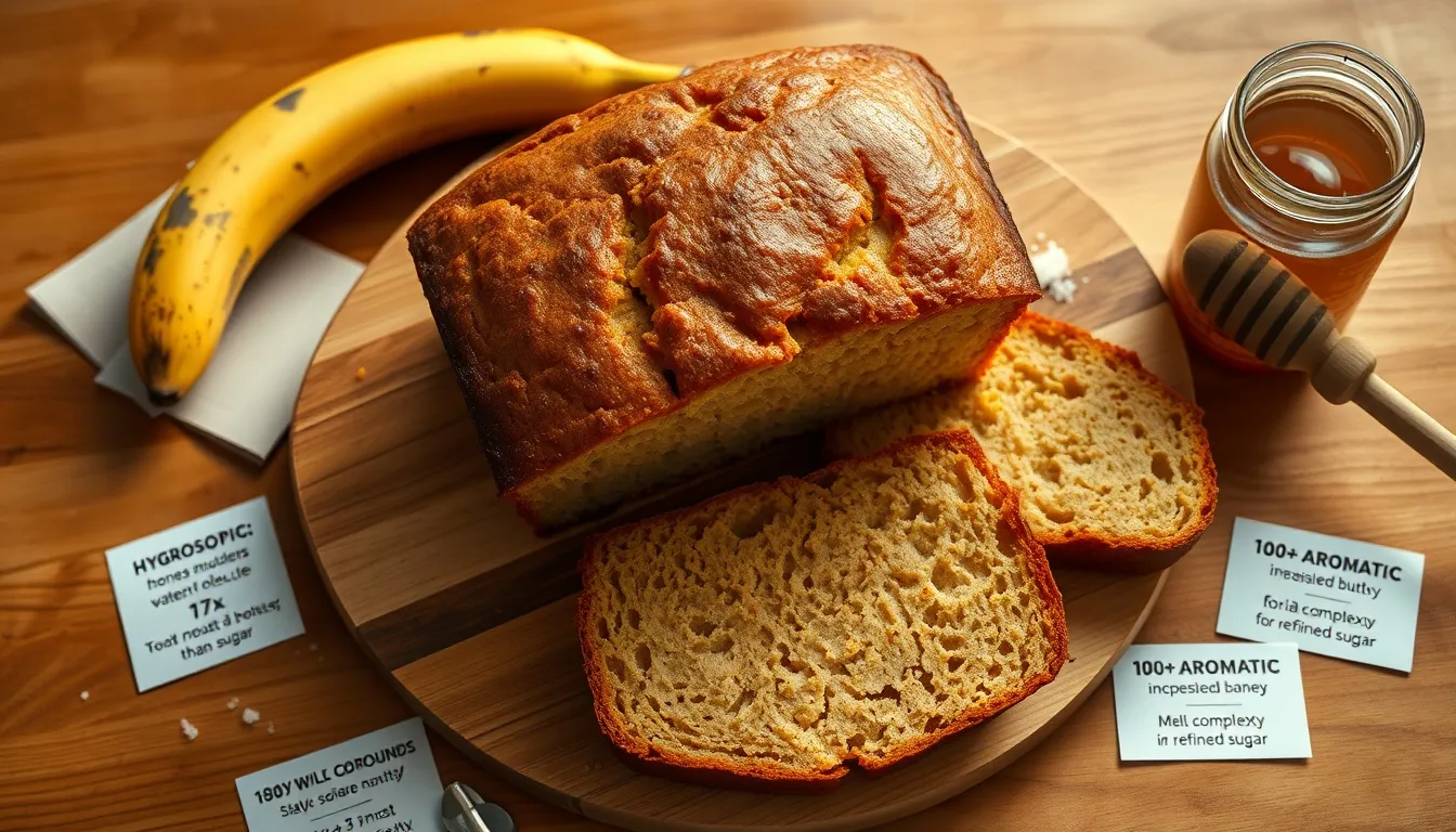 Golden sliced honey banana bread loaf on a wooden cutting board with overripe bananas and a jar of wildflower honey
