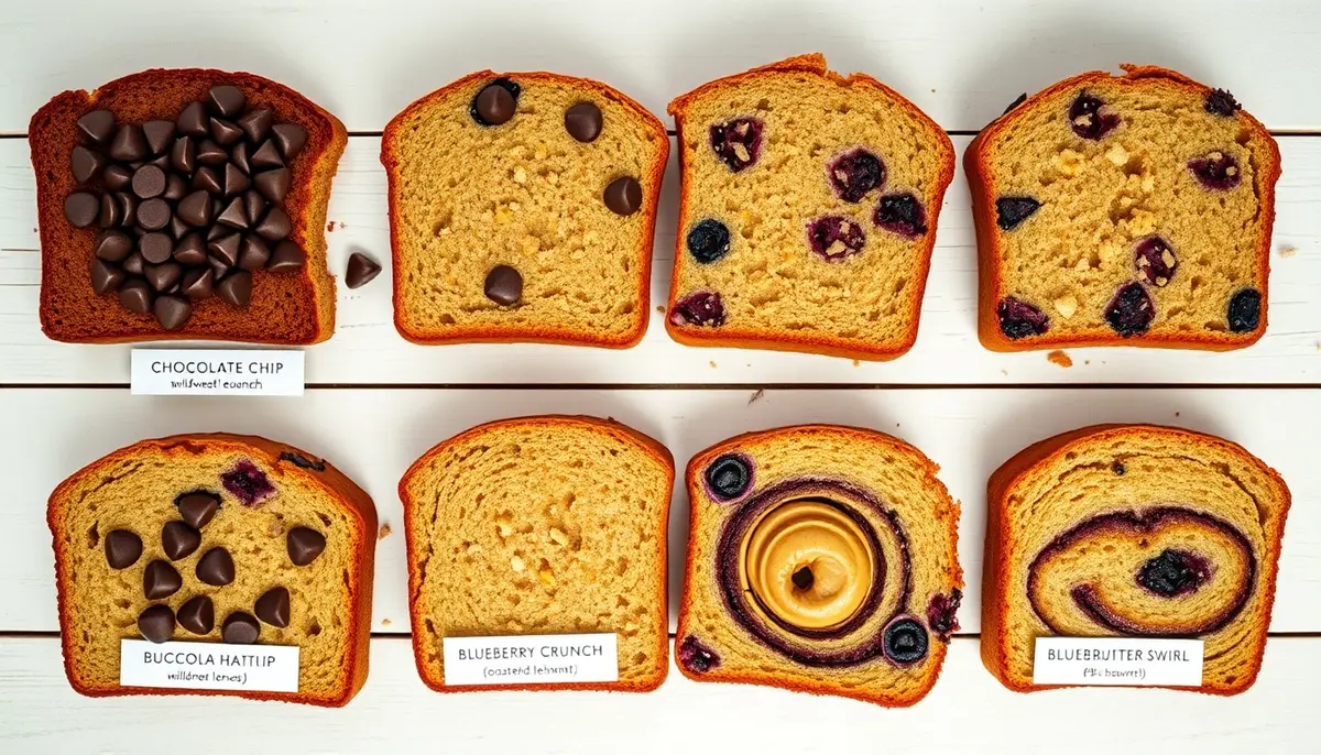 Six slices of honey banana bread variations including chocolate chip, walnut, blueberry lemon, peanut butter swirl, cinnamon streusel, and tropical coconut