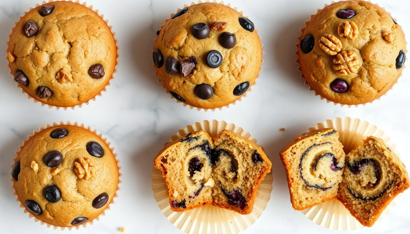 Six banana muffin variations on white marble — classic, chocolate chip, walnut, blueberry, peanut butter swirl, and coconut